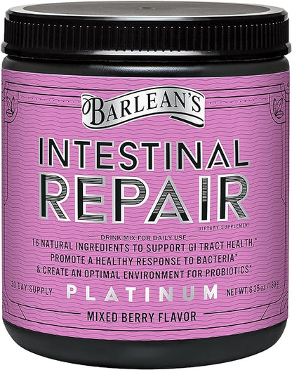 Barlean’s Intestinal Repair Gut Health Powder with 16 Digestive Supplements, L-Glutamine, Marshmallow & Licorice Root, Aloe Vera, and Fiber Mixed Berry Flavor, 6.35 oz