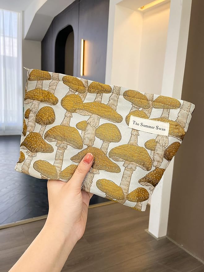 The Summer Swan | Floral Cosmetic Bag｜Large Aesthetic Travel Makeup and Personal Item Pouch For Purse | Skincare Bag (Mushroom Yellow)