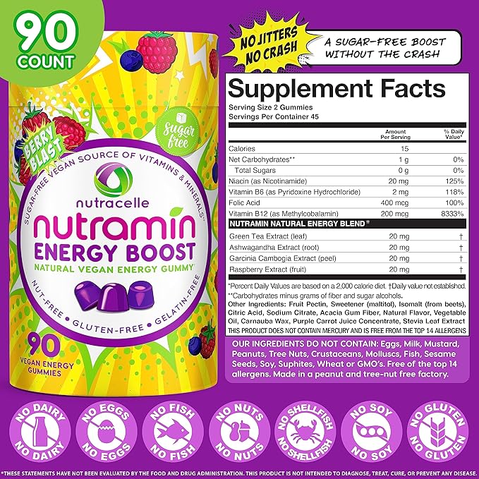 NUTRAMIN Energy Boost Vitamin Gummy - Skip The Coffee & Boost Your Energy, Caffeine-Free, Sugar-Free, Vegan, B12, Green Tea, Ashwagandha, Garcinia Cambogia, Raspberry Adaptogen - 90 ct