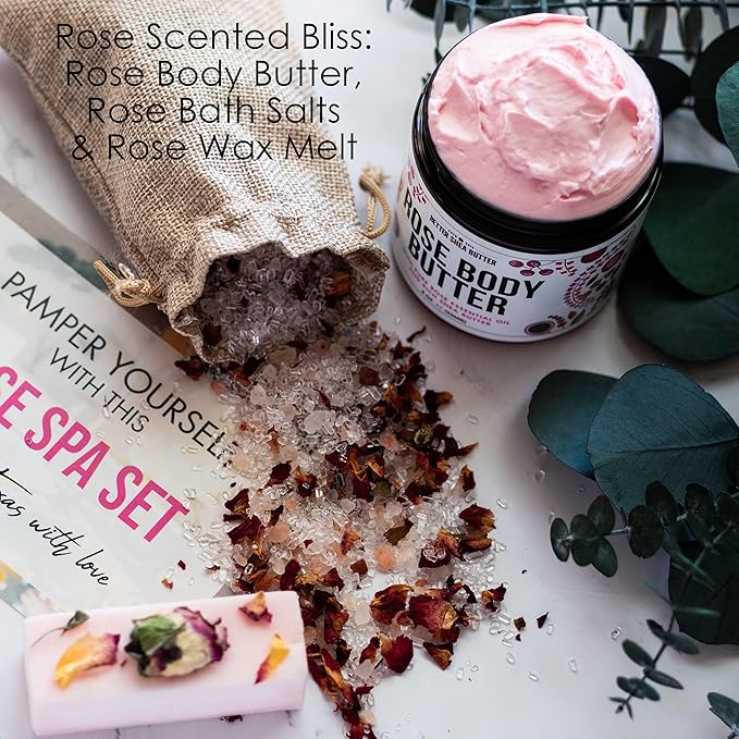 Natural Spa Gift Set for Women, Luxury Bath Set with Rose Bath Salt, Non Toxic Wax Melts and Rose Body Butter – Perfect as New Mom Gifts, Stress Relief Gifts, Gift Box for Women, Self Care Kit