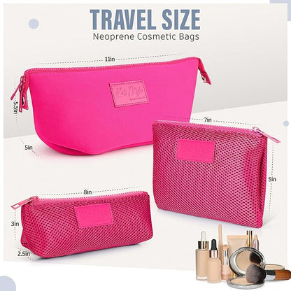 Kat Myhr Neoprene Washable Travel Makeup & Cosmetic Bag Set, 2 Air Mesh Pouches,100% Neoprene Toiletry Bag, Large Water Resistant Travel Bag for Toiletries, Makeup Cosmetic Travel Bag (Fuchsia Pink)