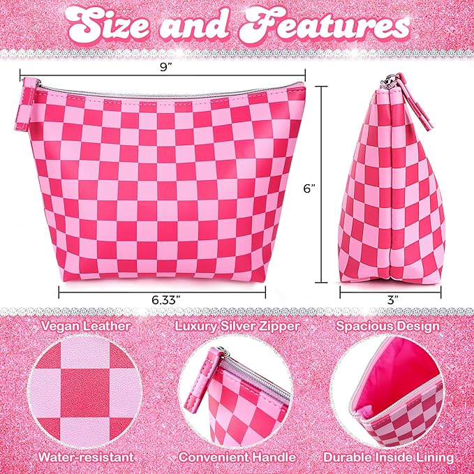 Vegan Leather Checkered Makeup Bag - Cute Girly Pink Cosmetic Bag Zipper Pouch Travel Toiletry Make Up Bag Accessories - Checker Gift for Best Friends Girls Women Mom Sister Christmas Gifts Stuff