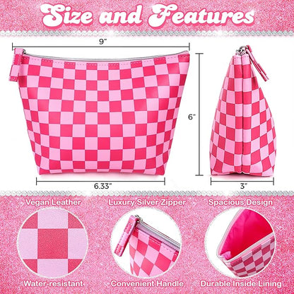 Vegan Leather Checkered Makeup Bag - Cute Girly Pink Cosmetic Bag Zipper Pouch Travel Toiletry Make Up Bag Accessories - Checker Gift for Best Friends Girls Women Mom Sister Christmas Gifts Stuff
