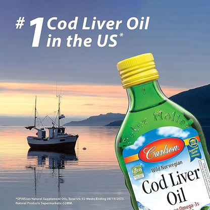 Carlson - Kid's Cod Liver Oil, 550 mg Omega-3s, Vitamins A & D3, Wild Norwegian, Bubble Gum, 250 mL
