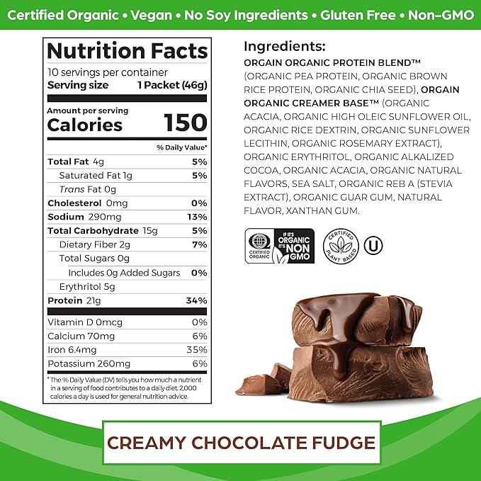 Orgain Organic Vegan Protein Powder, Creamy Chocolate Fudge - 21g Plant Protein, 6g Prebiotic Fiber, Low Carb, No Lactose Ingredients, No Added Sugar, Non-GMO, For Shakes & Smoothies, 10 Travel Packs