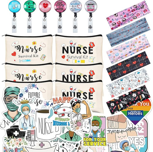 Kolewo4ever 118pcs Nurse Appreciation Gifts CNA Week Gifts 6 Nurse Badge Reel Retractable 6 Nurse Makeup Bags Cosmetic Bag 6 Nursing Headbands 100 Nurse Stickers