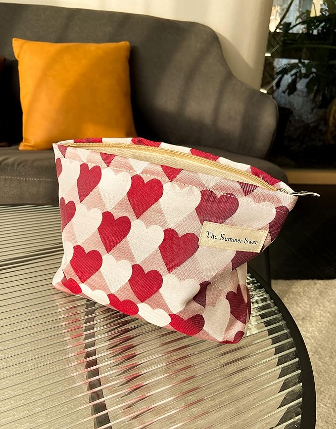 Summer Swan Large Floral Mid-day Clutch Period Kit Hygiene Skincare Cute Makeup Bag (Valentine Hearts Red)