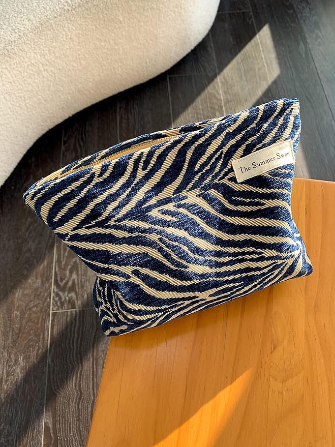 The Summer Swan | Large Aesthetic Floral Mid-day Clutch Period Kit Hygiene Skincare Cute Makeup Bag (Velvet Zebra Print Navy)