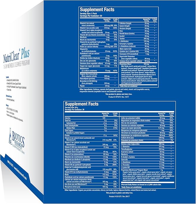 Biotics Research NutriClear Plus Detox Program, Convenient. Single Pack Serving. Easy to Follow Metabolic Cleanse Program. 17 Grams Organic Pea Protein/Serving, 30 Packs. Shaker Bottle.