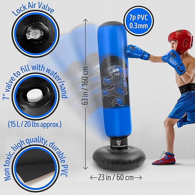 THB Punching Bag for Kids - Inflatable Punching Bag Stand with Boxing Gloves for Kids Age 3-8, 63” Ninja Boxing Bag with Electric Air Pump to Practice Taekwondo, Karate, MMA, Bouncing Back Boxing Set