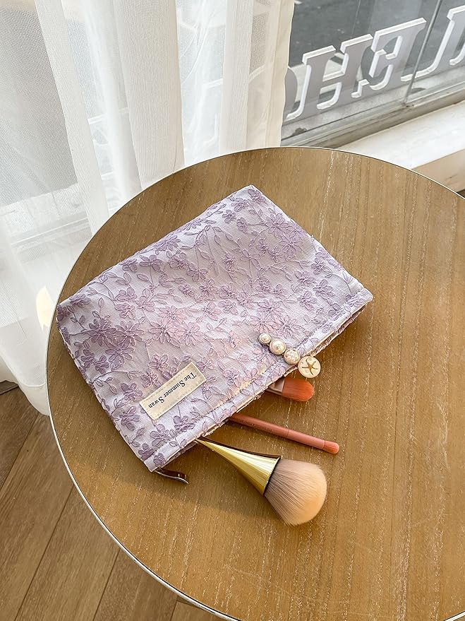 The Summer Swan | Floral Cosmetic Bag｜Large Aesthetic Personal Item Bag | Preppy Travel Makeup Pouch | Skincare Bag (Embroidery Light Purple)