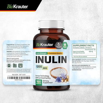 BIO KRAUTER Inulin Powder Capsules - 1200 mg Strength - 100 Count - Fiber Supplement - Chicory Root Fiber Capsules for Digestive Support - Pure Soluble Fiber Supplements - Vegan Inulin Capsules