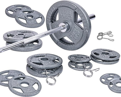 Signature Fitness Cast Iron Olympic 2-Inch Weight Plates Including 7FT Olympic Barbell, 130-Pound, 300-Pound or 325-Pound Set, Multiple Packages