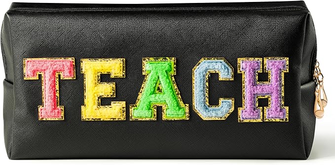 CY2SIDE Colorful TEACH Letter Patch Makeup Bag Black PU Leather Patch Cosmetic Bag with TEACH Chenille Letter for Travel Waterproof Portable Zipper Big Travel Organizer for Teacher Appreciation Gifts