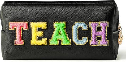 CY2SIDE Colorful TEACH Letter Patch Makeup Bag Black PU Leather Patch Cosmetic Bag with TEACH Chenille Letter for Travel Waterproof Portable Zipper Big Travel Organizer for Teacher Appreciation Gifts