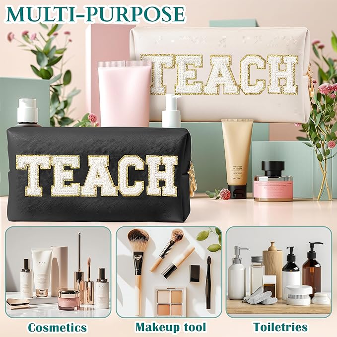 CY2SIDE TEACH Letter Makeup Bag - White TEACH Chenille Letter Patch Cosmetic Bag Black PU Leather Patch Travel Pouch Waterproof Portable Zipper Travel Organizer Case for Teacher Appreciation Gifts
