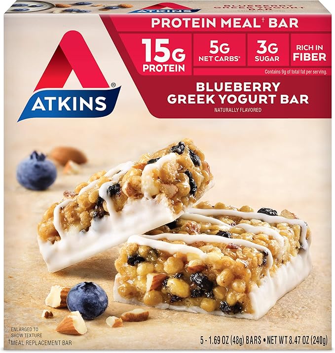 Atkins Chai Tea Latte Protein Shake with 15g Protein, 3g Net Carbs, 1g Sugar and Atkins Blueberry Greek Yogurt Protein Meal Bar with 15g Protein, 5g Net Carbs, 3g Sugar, 5 Count