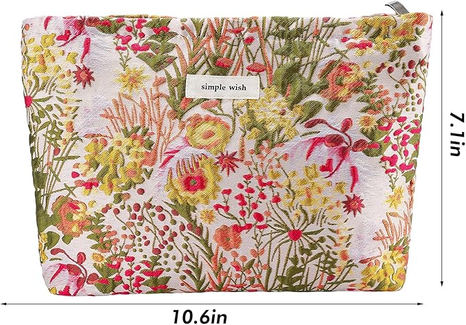 Flower Makeup Bag Travel Large Floral Cosmetic Bag for Women Cute Makeup Pouch Zipper Cosmetic Pouch for Purse Jacquard Aesthetic Skincare Organizer Bag Portable Toiletry Bag (Garden)