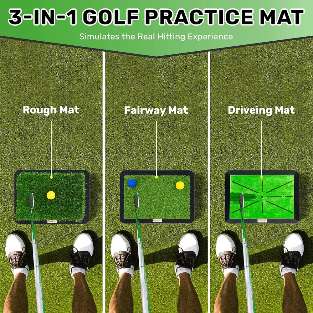 Golf Hitting Mats Training Equipment, Golf Practice Mat with Instant Swing Path Feedback, 3 Replaceable Golf Training Mats with No-Slip Heavy Duty Rubber Base