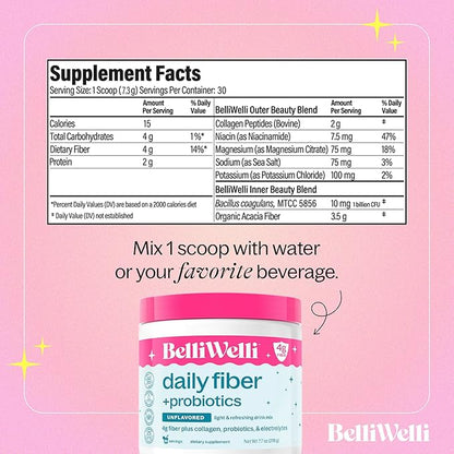 Daily Fiber Supplement Powder Unflavored with Collagen, Probiotics & Electrolytes | Supports Digestive Health, Gut Balance & Debloating | 30 Servings