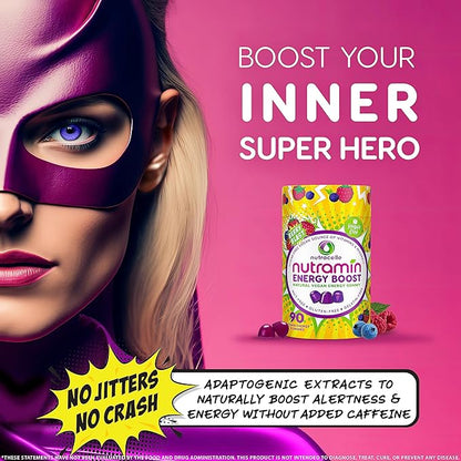 NUTRAMIN Energy Boost Vitamin Gummy - Skip The Coffee & Boost Your Energy, Caffeine-Free, Sugar-Free, Vegan, B12, Green Tea, Ashwagandha, Garcinia Cambogia, Raspberry Adaptogen - 90 ct