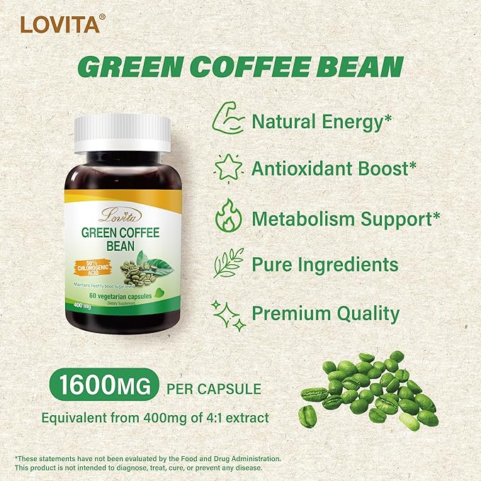 Lovita Green Coffee Bean Extract: Natural Antioxidant, High Potency - 1600mg Equivalent, 50% Chlorogenic Acid, Vegan-Friendly Dietary Supplement - 60 Capsules (Pack of 3)