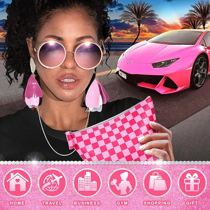 Vegan Leather Checkered Makeup Bag - Cute Girly Pink Cosmetic Bag Zipper Pouch Travel Toiletry Make Up Bag Accessories - Checker Gift for Best Friends Girls Women Mom Sister Christmas Gifts Stuff
