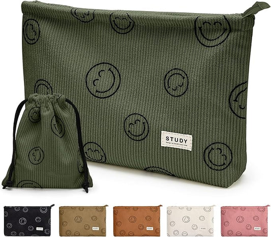 WLLWOO Makeup Bag-2pcs Smile Face Corduroy Cosmetic Bag Zipper Interior Waterproof Pencil Case Coin Purse Travel Toiletry Small Makeup Pouch For Women