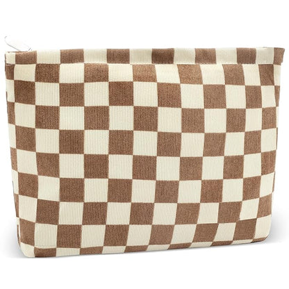 ZLFSRQ Checkered Makeup Bag for Women Large Capacity Brown Travel Cosmetic Bag Set Makeup Pouch for Purse Zipper Toiletry Organizer Cute Y2K Aesthetic Trendy Adults Zipper Skincare Storage Organizer