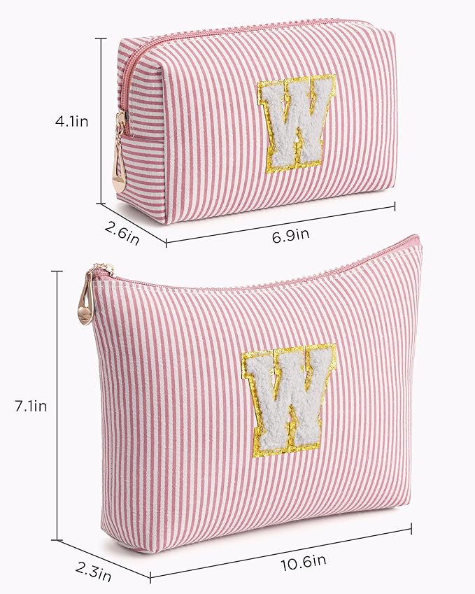 Pink Personalized Initial Makeup Bag Set, Cute Preppy Travel Toiletry Cosmetic Bags, Small Make Up Pouch, Birthday Gifts for Women, Girls, Friends, (W)