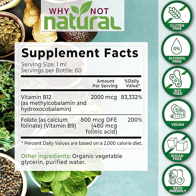 Why Not Natural Vitamin B12 Liquid Plus Folate - Organic Sublingual Extra Strength Vegan Drops - Methyl B12 and Folinic Supplement