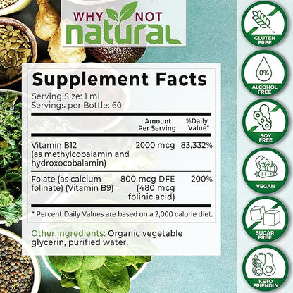 Why Not Natural Vitamin B12 Liquid Plus Folate - Organic Sublingual Extra Strength Vegan Drops - Methyl B12 and Folinic Supplement