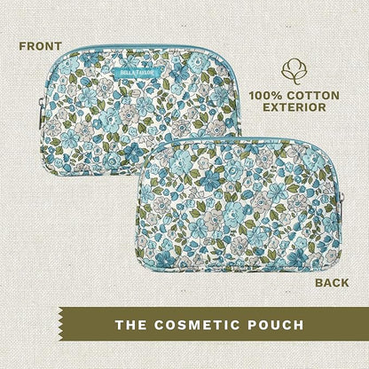 Bella Taylor Large Quilted Cotton Makeup Pouch for Women, Travel Cosmetic Bag, Quilted Cotton Delicate Floral Blue