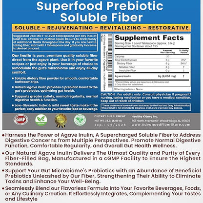 Inulin Powder (48oz/3 lbs) Gentle Agave Prebiotic Soluble Fiber Supplement for Digestive Support, Gut Health, Vegan Baking, Smoothies & Drinks