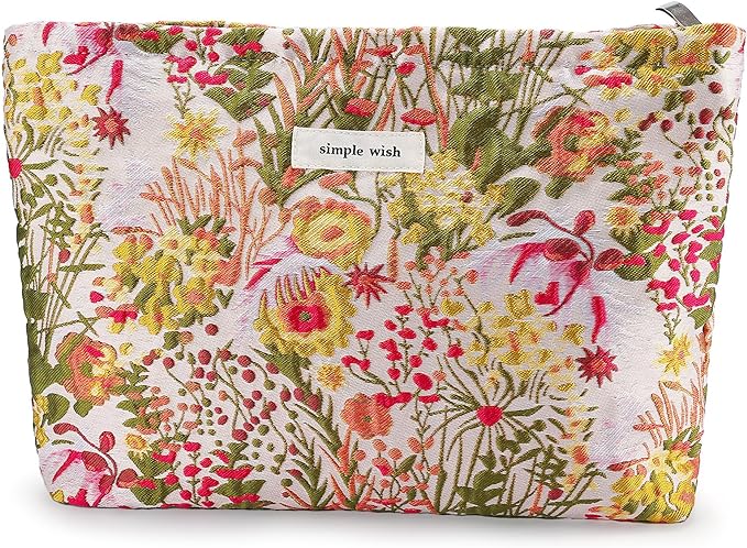 Flower Makeup Bag Travel Large Floral Cosmetic Bag for Women Cute Makeup Pouch Zipper Cosmetic Pouch for Purse Jacquard Aesthetic Skincare Organizer Bag Portable Toiletry Bag (Garden)