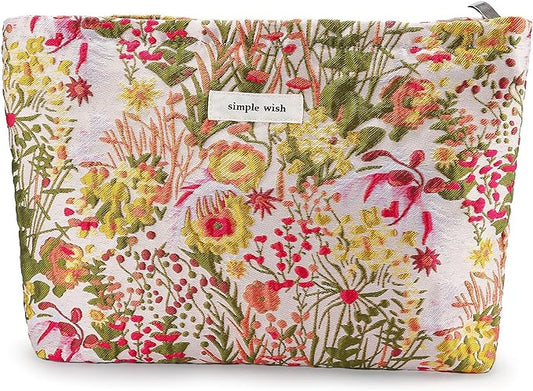 Flower Makeup Bag Travel Large Floral Cosmetic Bag for Women Cute Makeup Pouch Zipper Cosmetic Pouch for Purse Jacquard Aesthetic Skincare Organizer Bag Portable Toiletry Bag (Garden)