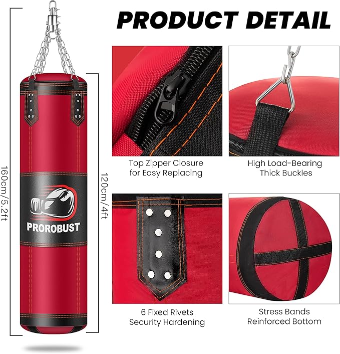 Prorobust Punching Bag for Adults, Red 4ft Oxford Heavy Boxing Bag Set with 12 oz Gloves for MMA Kickboxing Boxing Karate Home Gym Training (Unfilled)