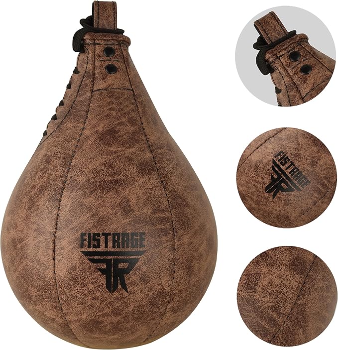 FISTRAGE Speed Bag Boxing Ball Leather MMA Muay Thai Training Punching Dodge Striking Kit with Free Hanging Swivel Workout Speedball Kicking Platform Equipment