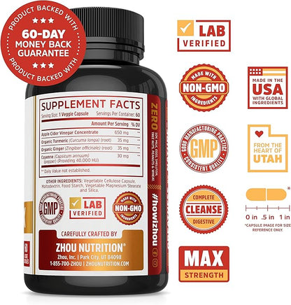 Zhou Nutrition Cider Detox Apple Cider Vinegar Capsules with Ginger, Turmeric & Cayenne, Max Strength Thermogenic Formula for Improved Digestion, Detox, Heart Health