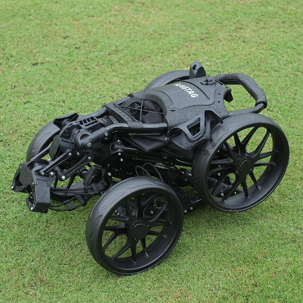 Golf Push Cart 4-Wheels,Folding Golf Cart, Golf Pull cart with Cup Holder,Umbrella Holder,Cooler Bag, Foldable with one-Click,Handle Height Adjustable,Drink Holder,Walking Push cart