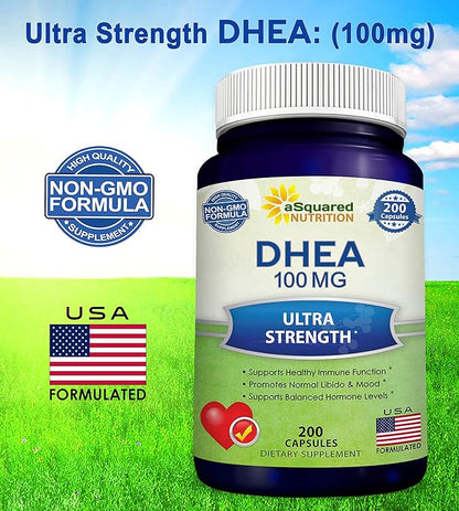 DHEA (100mg Max Strength, 200 Capsules) to Promote Balanced Hormone Levels for Women & Men - Natural DHEA Supplement Pills to Support Healthy Metabolism, Libio, Brain, Immune Function & Pure Energy