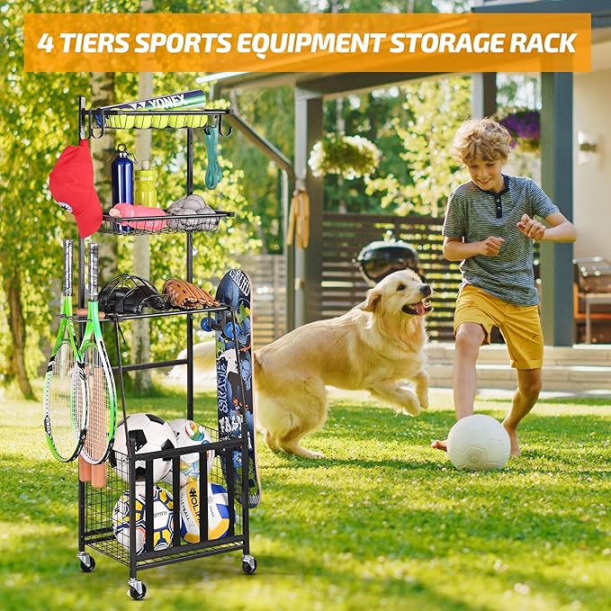 PLKOW Sports Equipment Storage for Garage, Indoor/Outdoor Sports Rack for Garage, Ball Storage Garage Organizer with Basket and Hooks,Toy/Sports Gear Storage