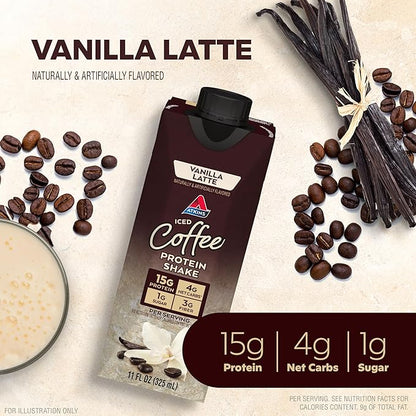 Atkins Iced Coffee Vanilla Latte Protein Shake, 15g Protein, Low Glycemic, 4g Net Carb, 1g Sugar, Keto Friendly, 12 packs of 11 fl Oz
