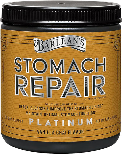 Barlean's Stomach Repair Gut Health Powder Supplement, Fiber and Digestive Support Supplements Blend for Detox and Cleanse, Vanilla Chai Drink Mix, 6.35 oz