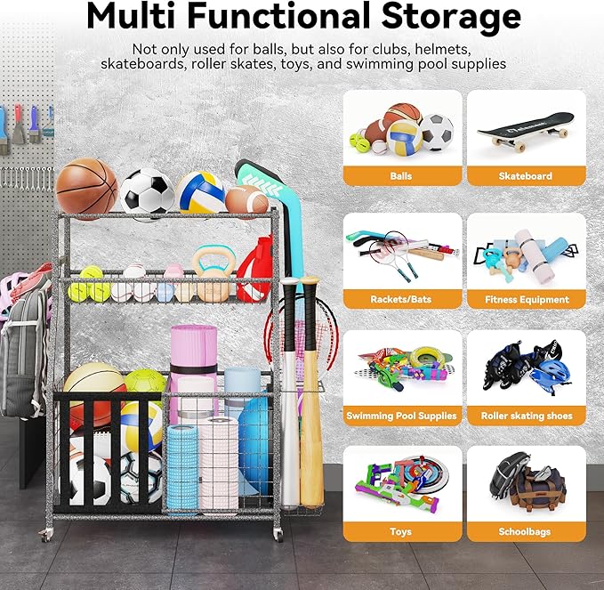 HOMREST Sports Equipment Storage, Ball Storage, Ball Holder, Garage Sports Organizer with Basket and Hooks, Rolling Sports Ball Storage with Wheels for Toy Sports Gear Storage, Black