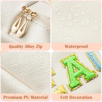 CY2SIDE Colorful TEACH Letter Patch Makeup Bag Shell Gold PU Leather Patch Cosmetic Bag with TEACH Chenille Letter for Travel Waterproof Portable Zipper Travel Organizer for Teacher Appreciation Gifts