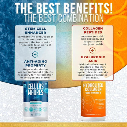 Aura Vitamin Mega Antioxidant Bundle | Hydrolyzed Collagen & AFA Stem Cell | Hydrolyzed Collagen with Vitamin C, Aphanizomenon Flos-Aquae | Celula Madre Skin, Hair and Nail Support – 60 Each Caps (1)