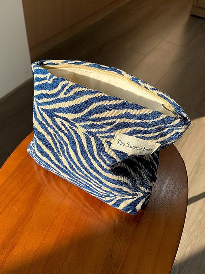 The Summer Swan | Large Aesthetic Floral Mid-day Clutch Period Kit Hygiene Skincare Cute Makeup Bag (Velvet Zebra Print Navy)