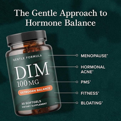DIM Supplement 100 mg | Estrogen Balance for Women & Men | Diindolylmethane for Hormone Balance, Hormonal Acne, Menopause & Antioxidant Support | with MCT Oil & Vitamin E | Gentle Softgels | 30 Ct.