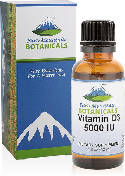 Pure Mountain Botanicals Liquid Vitamin D Drops - Unflavored Kosher D3 Liquid Drops in MCT Oil - 5000IU per Serving - 1oz Bottle
